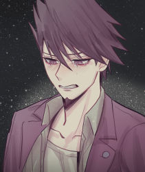 Rule 34 | 1boy, bad id, bad twitter id, blush, clenched teeth, collarbone, collared shirt, commentary request, crying, danganronpa (series), danganronpa v3: killing harmony, facial hair, goatee, grey shirt, highres, jacket, kimbok, looking down, male focus, momota kaito, open clothes, open jacket, pink eyes, pink jacket, purple hair, shirt, short hair, solo, space, spiked hair, star (symbol), starry background, tears, teeth