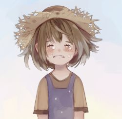 Rule 34 | 1girl, blush, brown hair, child, crying, closed eyes, fairyapple, hat, original, shirt, short hair, short sleeves, simple background, solo, straw hat, t-shirt, tears, upper body