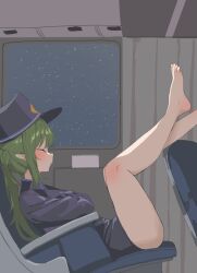 Rule 34 | 1girl, alien adviser, bare legs, barefoot, blue archive, blue jacket, blush, closed eyes, crossed legs, feet, from side, full body, green hair, hat, highres, indoors, jacket, leaning back, legs, legs up, long hair, night, night sky, nozomi (blue archive), sky, sleeping, solo, star (sky), starry sky, thighs, train interior, twintails, very long hair