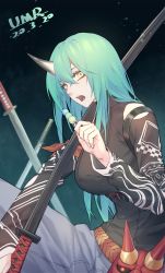 Rule 34 | 1girl, absurdres, aqua background, arknights, arm ribbon, belt, black background, black shirt, breasts, brown belt, dango, dated, food, gradient background, green hair, grey pants, hair between eyes, hand up, highres, holding, holding food, horns, hoshiguma (arknights), hoshiguma (ronin huntress) (arknights), katana, large breasts, long hair, long sleeves, looking at viewer, mask, official alternate costume, oni mask, open mouth, orange ribbon, pants, planted, planted sword, planted weapon, ribbon, sanshoku dango, shirt, single horn, solo, sword, tengu mask, wagashi, weapon, yellow eyes, yumero