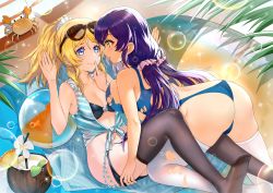 Rule 34 | 2girls, ass, ayase eli, ball, beachball, bikini, black bikini, black legwear, blonde hair, blue eyes, blue one-piece swimsuit, blush, closed mouth, collarbone, crab, drinking straw, eyewear on head, green eyes, highres, long hair, looking at another, love live!, low twintails, multiple girls, navel, one-piece swimsuit, purple hair, scrunchie, short hair, short ponytail, smile, sunglasses, swimsuit, torn clothes, torn legwear, torn swimsuit, tojo nozomi, twintails, undressing another, white legwear, yuri, zhuxiao517