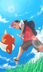 Rule 34 | 1boy, :d, black headwear, brown shorts, child, cloud, commentary request, creatures (company), dark-skinned male, dark skin, day, falling leaves, from below, fuecoco, game freak, grass, hat, highres, jacket, leaf, lens flare, looking down, male focus, nintendo, open clothes, open jacket, open mouth, outdoors, pokemon, pokemon (anime), pokemon (creature), pokemon horizons, red shirt, roy (pokemon), sandals, shirt, short sleeves, shorts, sky, smile, teeth, tongue, umi meteo, upper teeth only