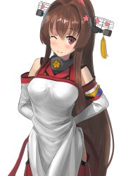 Rule 34 | 10s, 1girl, ao iro, apron, breasts, brown hair, detached sleeves, flower, hair flower, hair ornament, headgear, highres, kantai collection, large breasts, long hair, one eye closed, red eyes, smile, solo, tying, tying apron, very long hair, yamato (kancolle)