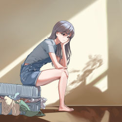 Rule 34 | 1girl, absurdres, blue overalls, closed mouth, feet, grey hair, grey shirt, highres, indoors, legs, long hair, manda (luts7602), original, overalls, red eyes, shadow, shirt, short sleeves, sitting, solo, suitcase, thighs, toes