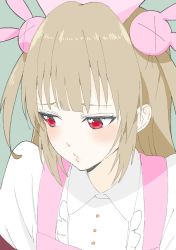 Rule 34 | 1girl, absurdres, apron, bad id, bad twitter id, blush, collared shirt, commentary, donguri suzume, hair ornament, hat, highres, light brown hair, long hair, looking away, looking down, natori sana, nurse cap, parted lips, pink apron, pink hat, rabbit hair ornament, red eyes, sana channel, shirt, two side up, virtual youtuber