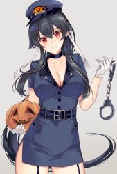 Rule 34 | 1girl, black gloves, black hair, blue jacket, breasts, cleavage, collarbone, cosplay, cuffs, gloves, grey background, hairband, halloween costume, handcuffs, hat, ichinomiya (blantte), jack-o&#039;-lantern, jacket, kantai collection, large breasts, long hair, looking at viewer, open collar, peaked cap, police, police uniform, ponytail, red eyes, sidelocks, simple background, smile, solo, uniform, very long hair, yahagi (kancolle)
