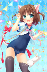 Rule 34 | 1girl, :d, animal collar, animal ear legwear, animal ears, aqua eyes, argyle, argyle background, argyle clothes, biting, biting clothes, black thighhighs, blouse, blue background, blue sailor collar, blush, bow, brown hair, cat, cat ear legwear, cat ears, cat tail, collar, contrapposto, covered navel, hair ornament, hairclip, highres, leash, looking at viewer, natsuka (unagi-unagi-unagi), one-piece swimsuit, open mouth, original, paw pose, paw print, pennant, ribbon, sailor collar, school swimsuit, shirt, short hair, short sleeves, smile, solo, standing, string of flags, swimsuit, tail, tail ornament, tail ribbon, thighhighs, twintails, two side up, viewer holding leash, white shirt