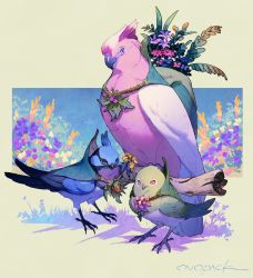 Rule 34 | artist name, beak hold, bird, blue flower, brown eyes, commentary request, floral background, flower, highres, leaf, looking at viewer, mouth hold, murayama ryota, no humans, original, parrot, pink flower, purple eyes, purple flower, simple background, white flower, yellow flower
