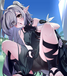 Rule 34 | ahoge, arknights, armband, bike shorts, black gloves, black shorts, blue sky, bracelet, crotch seam, eyes visible through hair, fang, finger to mouth, gloves, grey hair, hair intakes, hair over one eye, jewelry, lifting own clothes, long hair, looking at viewer, multicolored hair, open mouth, outdoors, partially fingerless gloves, pointy ears, sandals, seto tinami, shorts, shushing, skin fang, sky, squatting, streaked hair, toes, tomimi (arknights), torn clothes, twitter username, two side up, very long hair