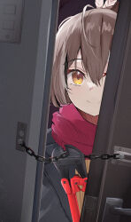 Rule 34 | 1girl, ahoge, black coat, black hair, bolt cutters, brown eyes, brown hair, chain, closed mouth, coat, commentary, crossed bangs, door, door chain, english commentary, feather hair ornament, feathers, hair between eyes, hair ornament, hatching (texture), highres, hololive, hololive english, light switch, looking at viewer, multicolored hair, nanashi mumei, official alternate costume, ponytail, red scarf, scarf, short hair, shuuzo3, smile, solo, streaked hair, sweater, virtual youtuber, yandere, yellow sweater