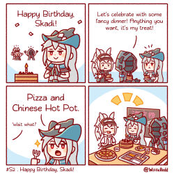Rule 34 | 1other, 2girls, 4koma, :&gt;, :&lt;, ambiguous gender, animal ears, aqua gloves, aqua headwear, arknights, arms up, ascot, birthday cake, black ascot, black coat, black jacket, cake, cake slice, candle, chibi, chinese text, chopsticks, coat, comic, commentary, doctor (arknights), dress, eating, english commentary, english text, food, fork, gloves, grani (arknights), grey hair, happy birthday, hat, helm, helmet, highres, hood, hooded coat, hooded jacket, horse ears, horse girl, hotpot, jacket, long hair, multiple girls, open mouth, own hands together, plate, ponytail, red eyes, shirt, skadi (arknights), smile, sparkle, table, twitter username, very long hair, visor lift, wittle red