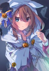 Rule 34 | 1girl, bow, chain, closed mouth, food-themed hair ornament, ghost, hair between eyes, hair ornament, halloween costume, hand up, hat, highres, hood, hoodie, long sleeves, looking at viewer, medium hair, mihono bourbon (ghosty and the magic of halloween) (umamusume), mihono bourbon (umamusume), nut megu, official alternate costume, pumpkin hair ornament, sidelocks, solo, umamusume, upper body