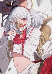 Rule 34 | 1girl, animal ears, blurry, bow, bowtie, brooch, collared shirt, commentary request, crop top, crop top overhang, depth of field, detached sleeves, fake animal ears, feb itk, glint, gold trim, granblue fantasy, hair ornament, hairband, hairclip, hand up, heart, heart brooch, highres, jewelry, long sleeves, looking at viewer, mask, midriff, mouse ears, mouth mask, navel, pleated skirt, red eyes, shirt, short hair, signature, silver hair, skirt, solo, stomach, upper body, v-shaped eyebrows, vikala (granblue fantasy), white shirt, white skirt