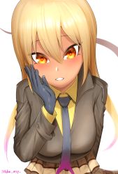 Rule 34 | 1girl, absurdres, animal print, arm behind back, black gloves, blonde hair, blouse, brown jacket, collared shirt, gloves, hair between eyes, hand up, highres, jacket, kashisu mint, kemono friends, king cobra (kemono friends), leaning forward, long sleeves, multicolored hair, necktie, no headwear, orange eyes, parted bangs, parted lips, pink hair, print skirt, shirt, simple background, skirt, snake print, snake tail, solo, tail, tan, twintails, twitter username, two-tone hair, white background, wing collar, yellow shirt