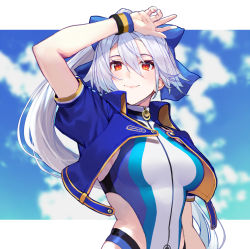 Rule 34 | 1girl, arm up, blue one-piece swimsuit, blurry, blurry background, bow, cloud, commentary request, competition swimsuit, cropped jacket, fate/grand order, fate (series), hair bow, one-piece swimsuit, ponytail, red eyes, shirabi, smile, solo, swimsuit, tomoe gozen (fate), tomoe gozen (swimsuit saber) (fate), tomoe gozen (swimsuit saber) (first ascension) (fate), upper body, white hair, white one-piece swimsuit, wristband