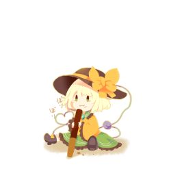Rule 34 | 1girl, :i, absurdres, blonde hair, boots, bow, eating, food, full body, green eyes, hat, hat bow, heart, heart of string, highres, holding, holding food, komeiji koishi, moyo (amaniwa), negative space, pocky, short hair, simple background, sitting, solo, touhou, white background