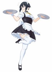 Rule 34 | 1girl, alternate costume, apron, black footwear, black hair, blue eyes, bow, bowtie, choker, dress, enmaided, highres, holding, holding tray, leg up, looking to the side, maid, maid apron, maid headdress, mary janes, original, shoes, short hair, simple background, solo, thighhighs, tray, ult one, white background, white thighhighs, yellow bow, yellow bowtie