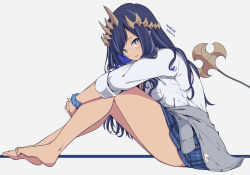 Rule 34 | 1girl, artist name, bare legs, barefoot, blue scrunchie, blue skirt, brown eyes, cardigan, cardigan around waist, clothes around waist, commentary request, dated, grey background, grey cardigan, kichihachi, legs, long hair, long sleeves, looking at viewer, multicolored hair, nanashi inc., scrunchie, shimamura charlotte, shirt, simple background, skirt, solo, tail, toes, two-tone hair, virtual youtuber, white shirt, wrist scrunchie