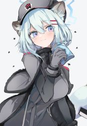 Rule 34 | 1girl, :3, animal ears, blue archive, bottle, breasts, capelet, closed mouth, coat, fur-trimmed coat, fur-trimmed gloves, fur hat, fur trim, gloves, grey coat, grey gloves, grey hat, hair between eyes, hair ornament, hairclip, halo, hat, highres, hip flask, holding, holding bottle, light blush, light green hair, long sleeves, mikozin, purple eyes, shigure (blue archive), simple background, solo, tail, upper body, ushanka, weasel ears, weasel tail, white background
