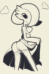 Rule 34 | 1girl, arched back, ass, beige background, blush, clothes lift, creatures (company), dress, dress lift, female focus, from behind, game freak, gardevoir, gen 3 pokemon, hair over one eye, half-closed eyes, hand up, highres, itsunknownanon, lifted by self, looking down, nintendo, panties, panty pull, pokemon, pokemon (creature), pokemon rse, presenting, pussy, short hair, simple background, smile, solo, standing, steam, thighhighs, uncensored, underwear