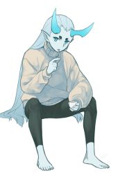 Rule 34 | 1boy, aqua eyes, aqua hair, aqua horns, barefoot, black pants, grey sweater, hand up, holding, horns, invisible chair, long hair, long sleeves, pants, pointy ears, rkp, simple background, sitting, solo, sweater, luo xiaohei zhanji, very long hair, white background, xuhuai (the legend of luoxiaohei)