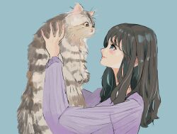 Rule 34 | 1girl, animal, animal ears, aqua background, arms up, awatsu mai, blue eyes, blush, brown hair, cat, cat day, closed mouth, from side, highres, holding, holding animal, holding cat, long hair, long sleeves, looking at another, looking up, mole, mole under eye, profile, purple sweater, real life, sally (allogkk), sidelocks, simple background, solo, sweater, upper body, voice actor