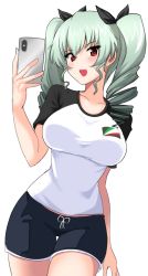 Rule 34 | 1girl, :d, absurdres, aikir (jml5160), alternate costume, anchovy (girls und panzer), arm at side, black ribbon, black shorts, blush, breasts, casual, cellphone, drill hair, girls und panzer, green hair, hair ribbon, hand up, highres, holding, holding phone, large breasts, long hair, looking at viewer, open mouth, phone, red eyes, ribbon, selfie, shirt, short shorts, shorts, sidelocks, simple background, smartphone, smile, solo, t-shirt, taut clothes, thigh gap, thighs, twin drills, twintails, white background