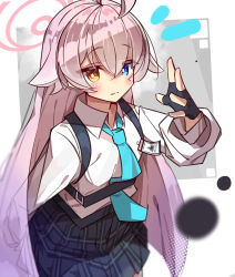 Rule 34 | 1girl, ahoge, black gloves, black skirt, blue archive, blue eyes, blue necktie, blush, closed mouth, collared shirt, commentary request, fingerless gloves, gloves, hair between eyes, halo, hand up, heterochromia, highres, hoshino (blue archive), long hair, long sleeves, necktie, plaid, plaid skirt, pleated skirt, puffy long sleeves, puffy sleeves, shirt, skirt, smile, solo, tetenka, very long hair, white shirt, x-ray, yellow eyes