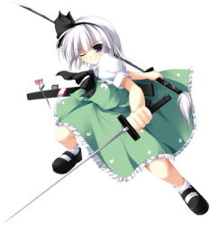 Rule 34 | 1girl, blue eyes, dress, dual wielding, female focus, fighting stance, flower, frilled dress, frills, full body, green dress, holding, holding sword, holding weapon, katana, konpaku youmu, mary janes, one eye closed, sheath, shoes, short hair, silver hair, simple background, socks, solo, spread legs, standing, sword, tateha (marvelous grace), touhou, unsheathed, weapon, white background, wink