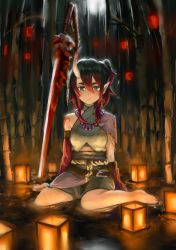 Rule 34 | 1girl, :|, absurdres, arms at sides, asymmetrical sleeves, bad id, bad pixiv id, bamboo, bamboo forest, barefoot, bead necklace, beads, belt, black hair, closed mouth, detached sleeves, eyebrows, forest, full body, grey eyes, hair between eyes, heterochromia, highres, horns, japanese clothes, jewelry, lantern, mud, multicolored hair, na (oagenosuke), nature, necklace, night, on ground, one side up, oni horns, original, outdoors, paper lantern, planted, planted sword, planted weapon, pointy ears, purple eyes, red hair, sash, single bare shoulder, single horn, sitting, skirt, solo, sword, two-tone hair, uneven sleeves, wariza, weapon
