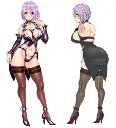 Rule 34 | 1girl, aling clothes, back, bare shoulders, bdsm, blue eyes, blush, bondage outfit, breasts, choker, collar, detached sleeves, from behind, full body, gradient hair, harness, high heels, large breasts, light purple hair, looking at viewer, midriff, minase shizue, multicolored hair, navel, o-ring, original, revealing clothes, short hair, simple background, slave, smile, standing, thighhighs, tsuji santa, tuxedo
