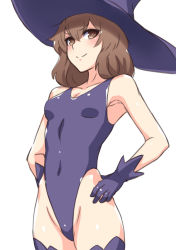 Rule 34 | 1girl, brown eyes, brown hair, covered navel, cowboy shot, elbow gloves, gloves, hai (h81908190), hat, highleg, highleg leotard, highleg swimsuit, leotard, looking at viewer, one-piece swimsuit, original, purple gloves, purple one-piece swimsuit, purple thighhighs, short hair, simple background, smile, solo, standing, swimsuit, thighhighs, white background, witch hat