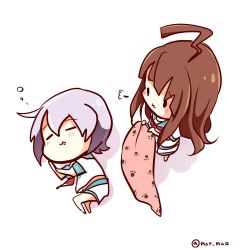 Rule 34 | 10s, 2girls, :3, ahoge, artist name, bad id, bad twitter id, blanket, blush stickers, brown hair, chibi, commentary request, closed eyes, from above, kantai collection, kuma (kancolle), long hair, lowres, lying, multiple girls, neckerchief, nor nao, on side, paw print, pink hair, school uniform, serafuku, short hair, short sleeves, shorts, sleeping, solid eyes, standing, tama (kancolle)