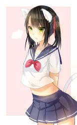 Rule 34 | 1girl, animal ears, arched back, arms behind back, black hair, blue skirt, cat ears, cat tail, crop top, green eyes, hair ribbon, highres, long hair, midriff, miniskirt, navel, open mouth, original, pleated skirt, red ribbon, ribbon, sailor collar, school uniform, serafuku, short sleeves, sketch, skirt, solo, tail, twintails, whitenight