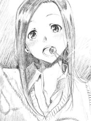 Rule 34 | 1girl, :d, blush, candy, cardigan, collared shirt, commentary request, copyright request, food, graphite (medium), greyscale, head tilt, highres, lollipop, long hair, looking at viewer, makicha (sasurainopink), monochrome, mouth hold, open mouth, scan, shirt, smile, solo, traditional media, wing collar