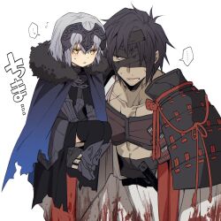 Rule 34 | ..., 1boy, 1girl, aged down, armor, bandage over one eye, bandaged head, bandages, black armor, black bandages, black hair, black thighhighs, blood, blood on clothes, blush, cape, carrying, chiemon (fate), child, ebi fly 55, fate/samurai remnant, fate (series), fur-trimmed cape, fur trim, grey hair, headpiece, highres, japanese armor, jeanne d&#039;arc alter (lancer) (fate), katana, multiple scars, nagatekkou, plackart, scar, shoulder armor, simple background, sode, spoken ellipsis, sweat, sword, thighhighs, torn cape, torn clothes, weapon, white background, yellow eyes