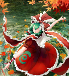Rule 34 | 1girl, absurdres, autumn, autumn leaves, blurry, depth of field, dress, closed eyes, fasnakegod, frilled dress, frilled ribbon, frills, from above, green hair, green nails, hair between eyes, hair ribbon, highres, kagiyama hina, nail polish, outdoors, outstretched arms, print dress, puffy short sleeves, puffy sleeves, red dress, red ribbon, ribbon, scenery, short sleeves, solo, touhou, water, wrist ribbon