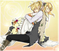 Rule 34 | 1boy, 1girl, bad id, bad pixiv id, blonde hair, brother and sister, dress, closed eyes, formal, hetero, hii, hii (air2754), holding, hug, kagamine len, kagamine rin, siblings, smile, twins, vocaloid