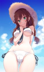Rule 34 | 10s, 1girl, anchor symbol, animal, arms behind back, bikini, bird, blue sky, braid, breasts, brown hair, cameltoe, closed mouth, cloud, commentary request, covered erect nipples, cowboy shot, day, from below, green eyes, hair between eyes, hair tie, hat, highres, kantai collection, konnyaku (kk-monmon), long hair, looking at viewer, medium breasts, navel, necktie, noshiro (kancolle), outdoors, sailor collar, side-tie bikini bottom, sky, smile, solo, standing, stomach, straw hat, swimsuit, twin braids, underboob, white bikini