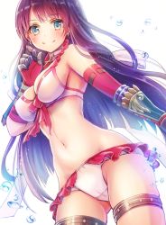 Rule 34 | 1girl, asymmetrical sleeves, bikini, blue eyes, blush, bow, breasts, brown hair, cleavage, cowboy shot, detached sleeves, earrings, fate/grand order, fate (series), floating hair, frilled bikini, frills, from below, gauntlets, groin, jewelry, long hair, looking at viewer, martha (fate), martha (swimsuit ruler) (fate), martha (swimsuit ruler) (third ascension) (fate), medium breasts, navel, red bow, red sleeves, serino itsuki, sideboob, smile, solo, standing, swimsuit, thighlet, uneven sleeves, very long hair, white bikini