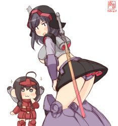 Rule 34 | 2girls, :3, aged down, ahoge, alternate costume, artist logo, beam saber, black hair, blue eyes, blush, braid, breasts, brown hair, child, commentary request, cosplay, dated, dom (cosplay), dom (mobile suit), embarrassed, energy sword, guncannon, guncannon (cosplay), gundam, hair ornament, hair over shoulder, highres, kanon (kurogane knights), kantai collection, large breasts, mobile suit gundam, multiple girls, open mouth, red eyes, shigure (kancolle), simple background, single braid, sparkle, sweatdrop, sword, underboob, weapon, white background, yamashiro (kancolle)