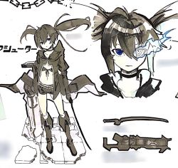Rule 34 | 1girl, black choker, black coat, black eyes, black gloves, black hair, black rock shooter, black shorts, blue eyes, blue fire, boots, broken, broken chain, chain, chain, choker, closed mouth, coat, collarbone, dual wielding, fire, gloves, hair between eyes, holding, holding sword, holding weapon, long hair, navel, parted lips, short shorts, shorts, so ki chi, solo, standing, sword, twintails, weapon