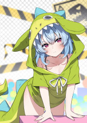 Rule 34 | 1girl, absurdres, blue hair, blurry, blurry background, caution tape, closed mouth, collarbone, commission, dinosaur costume, dinosaur hood, dinosaur tail, green hoodie, highres, hood, hoodie, indie virtual youtuber, leaning forward, long hair, nanobites, purple eyes, sign, solo, tail, valefal coneri, vgen commission, virtual youtuber, warning sign
