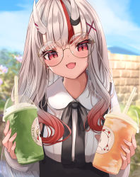 Rule 34 | 1girl, absurdres, black bow, black bowtie, bow, bowtie, collared shirt, colored eyelashes, cup, disposable cup, drinking straw, earrings, fang, glasses, gradient hair, hair ornament, hairpin, highres, holding, holding cup, hololive, horns, jewelry, long hair, looking at viewer, maikro, multicolored hair, nail polish, nakiri ayame, oni, pink nails, red eyes, red hair, round eyewear, shirt, skin-covered horns, solo, streaked hair, sweatdrop, virtual youtuber, white hair, white shirt, x hair ornament