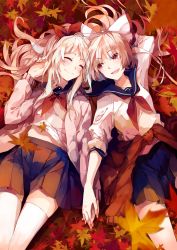 Rule 34 | 2girls, arm behind head, arm up, autumn leaves, bow, closed eyes, clothes around waist, fujiwara no mokou, hair bow, holding hands, imoko (imonatsuki), interlocked fingers, jacket, jacket around waist, kamishirasawa keine, long sleeves, lying, multiple girls, neckerchief, on back, open clothes, open jacket, open mouth, pleated skirt, ponytail, red eyes, school uniform, serafuku, shirt, silver hair, skirt, smile, thighhighs, touhou, white legwear, zettai ryouiki