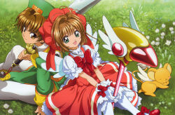 Rule 34 | 1girl, bow, brown hair, cardcaptor sakura, child, gloves, grass, green eyes, happy, highres, holding, holding sword, holding wand, holding weapon, kero (cardcaptor sakura), kinomoto sakura, li syaoran, magical boy, magical girl, official art, open mouth, red bow, short hair, smile, sword, wand, weapon, white gloves, wings