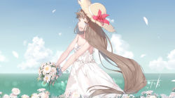 Rule 34 | 1girl, blue eyes, bouquet, bracelet, brown hair, chinese commentary, cloud, commentary request, daisy, day, dress, flower, from side, hat, hat flower, highres, holding, holding bouquet, jewelry, long hair, low-tied long hair, mole, mole under eye, open mouth, original, outdoors, petals, signature, sky, sleeveless, sleeveless dress, smile, solo, sparkle, straw hat, sundress, sunlight, upper body, very long hair, virtu.al, water, white dress, wind