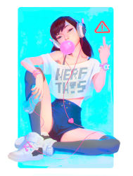 Rule 34 | !, 1girl, bad id, bangle, black eyes, black hair, black socks, blue background, bracelet, brown hair, blowing bubbles, casual, chromatic aberration, clothes writing, controller, d.va (overwatch), denim, denim shorts, dualshock, english text, expressive clothes, fingernails, full body, game controller, gamepad, head tilt, headset, highres, holding, image sample, jason chan, jewelry, kneehighs, long hair, looking at viewer, middle finger, midriff, nail polish, nose, off-shoulder shirt, off shoulder, overwatch, overwatch 1, pink nails, playstation controller, rounded corners, shirt, shoes, short shorts, shorts, sitting, socks, solo, spread legs, text focus, two-tone background, watch, white background, wristwatch