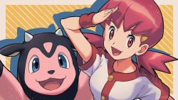 Rule 34 | 1girl, :d, arm up, arms up, asada hachi, blue eyes, border, breasts, buttons, commentary, creatures (company), diagonal stripes, drop shadow, game freak, gen 2 pokemon, gym leader, hair ornament, hairclip, happy, highres, looking at viewer, miltank, nintendo, open mouth, orange background, outside border, outstretched arms, pink eyes, pink hair, pokemon, pokemon (creature), pokemon hgss, salute, shirt, short sleeves, smile, striped, striped background, twitter username, upper body, watermark, white shirt, whitney (pokemon), wristband