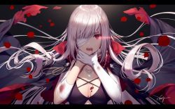 Rule 34 | 1girl, alternate costume, arms around neck, bad id, bad twitter id, bandage over one eye, bandaged arm, bandages, blood, blood from mouth, blood on breasts, breasts, cape, capelet, cleavage, elbow gloves, facing viewer, fang, fate/grand order, fate (series), florence nightingale (fate), florence nightingale (third ascension) (fate), gloves, glowing, glowing eye, hair over one eye, high collar, holding, jewelry, large breasts, long hair, necklace, necomi, open mouth, red eyes, silver hair, vampire